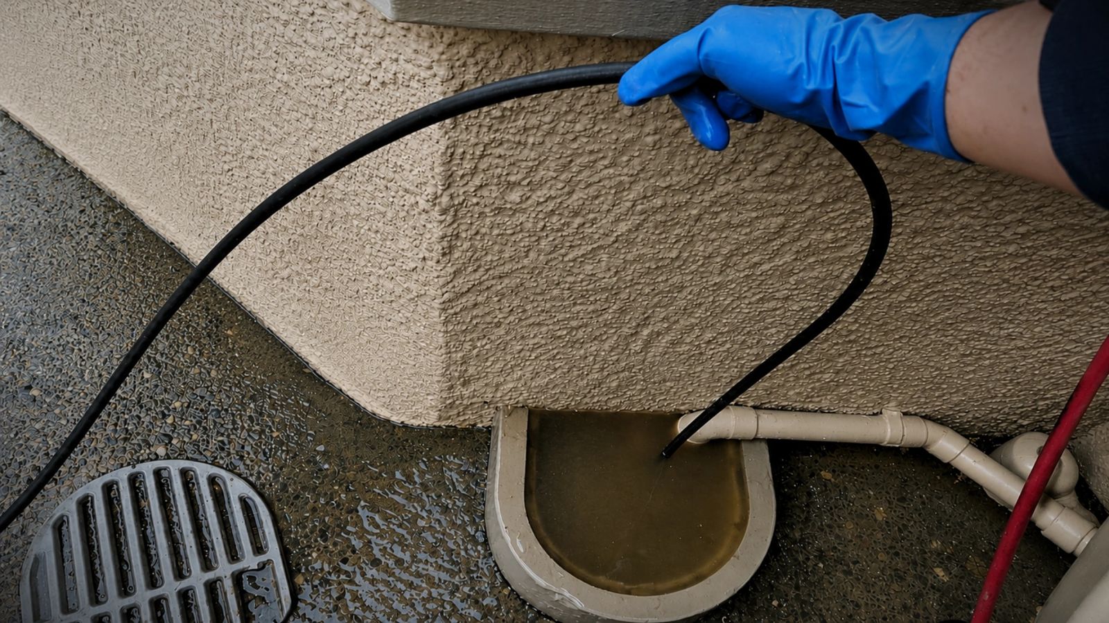 Gloved hand feeding a drain camera cable into a blocked Napier gully trap