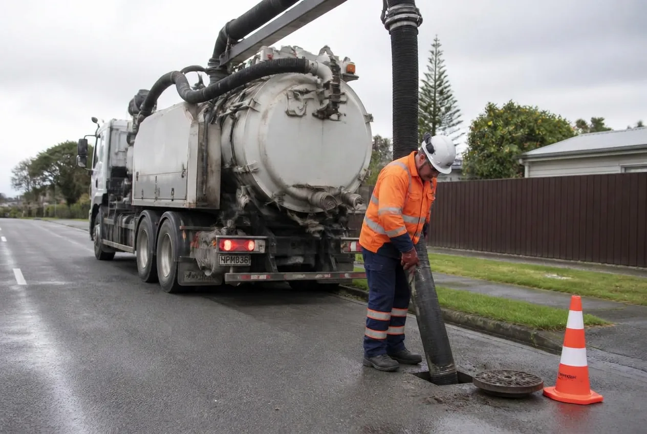 Vacuum loading truck clearing wet spoil from a Hawke's Bay drainage site