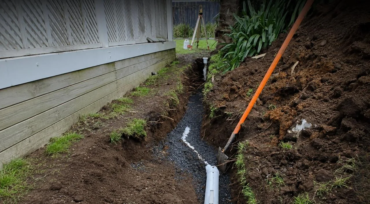 Drainlayer bedding new PVC drainage pipe in a trench on a Hawke's Bay property