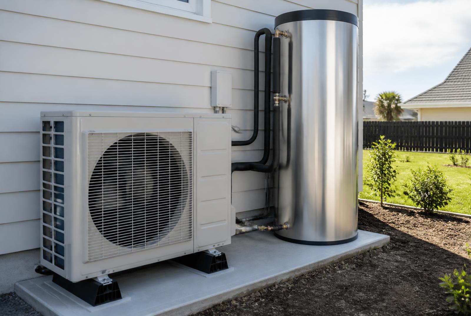 Heat pump hot water cylinder installed beside a Hawke's Bay home